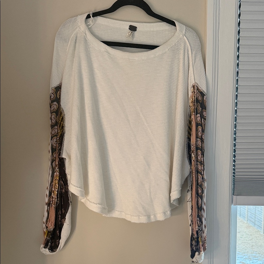 Free People White Blouse with Patterned Sleeves